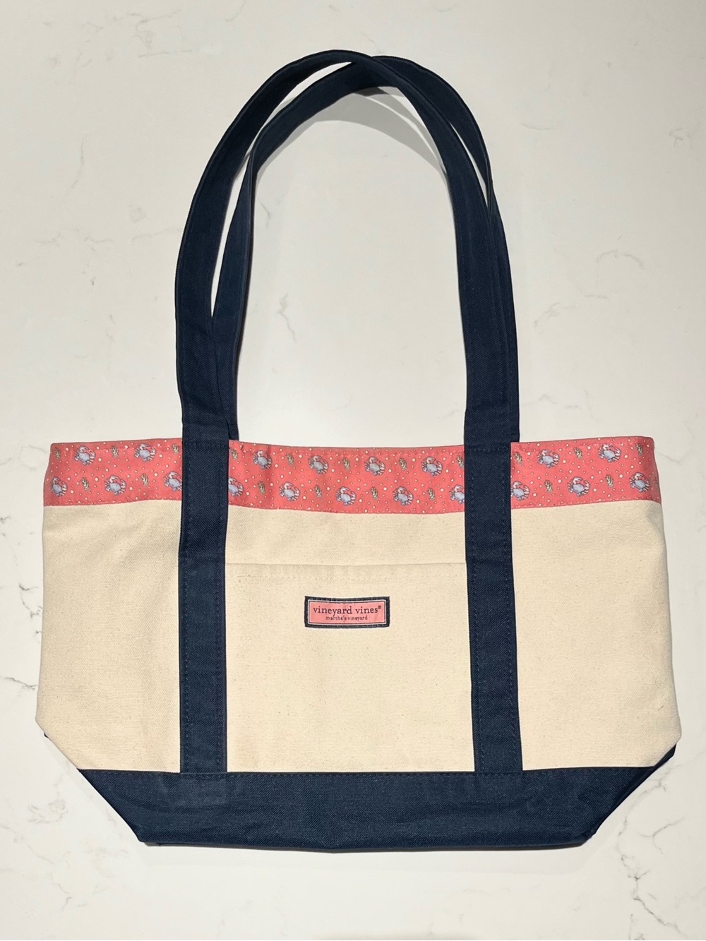 Vineyard Vines • Classic Heritage Canvas Tote Bag Cream & Navy Crab & Coral Trim